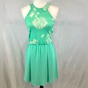 Mint green and white floral print backless halter dress size small
